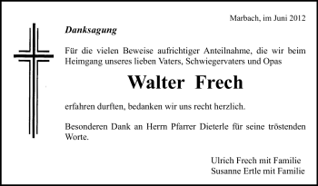 Traueranzeige von Walter Frech von Marbacher Zeitung