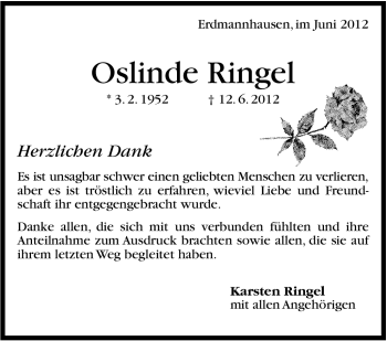 Traueranzeige von Oslinde Ringel von Marbacher Zeitung