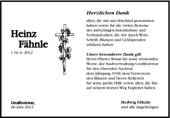 Traueranzeige von Heinz Fähnle von Marbacher Zeitung