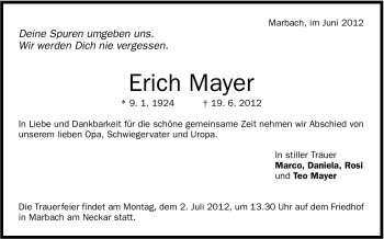 Traueranzeige von Erich Mayer von Marbacher Zeitung