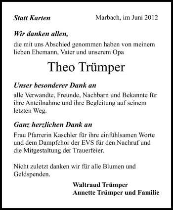 Traueranzeige von Theo Trümper von Marbacher Zeitung