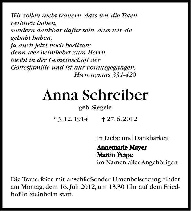  Traueranzeige für Anna Schreiber vom 11.07.2012 aus Stuttgarter Zeitung / Stuttgarter Nachrichten