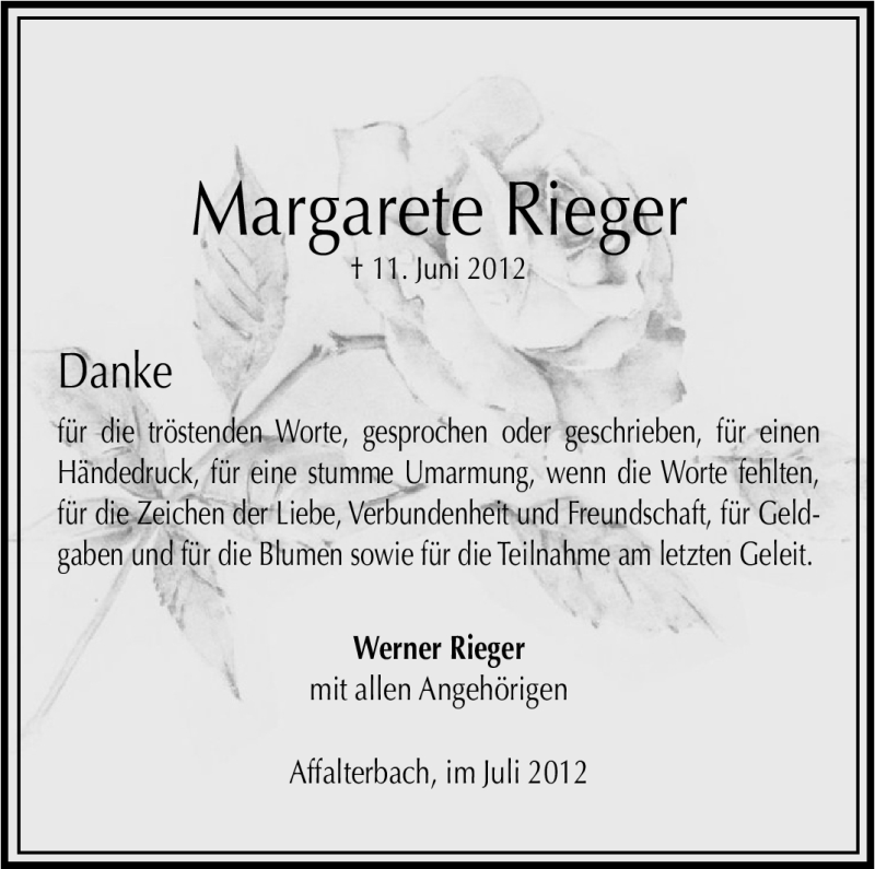  Traueranzeige für Margarete Rieger vom 05.07.2012 aus Marbacher Zeitung