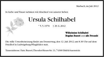 Traueranzeige von Ursula Schilhabel von Marbacher Zeitung