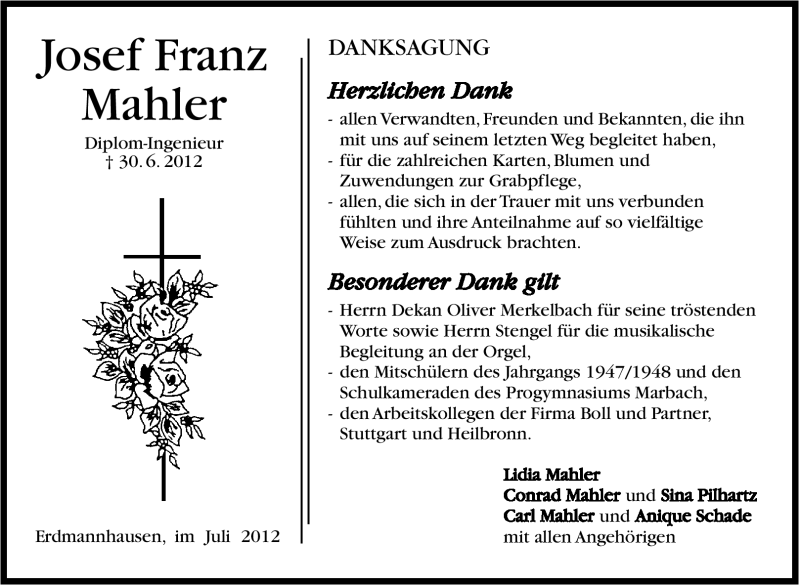  Traueranzeige für  Josef Franz Mahler vom 07.07.2012 aus Marbacher Zeitung
