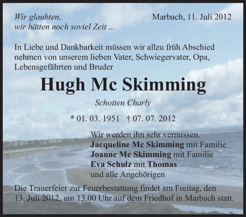  Traueranzeige für Hugh Mc Skimming vom 11.07.2012 aus Marbacher Zeitung