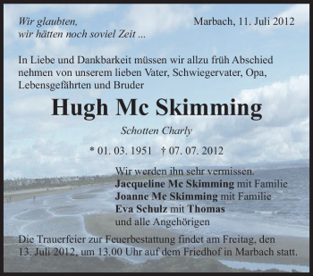 Traueranzeige von Hugh Mc Skimming von Marbacher Zeitung