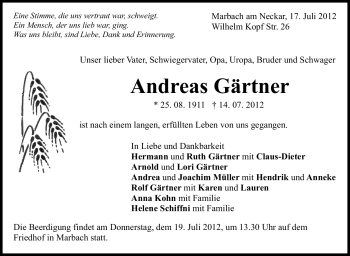 Traueranzeige von Andreas Gärtner von Marbacher Zeitung