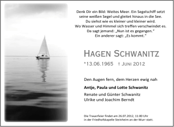 Traueranzeige von Hagen Schwanitz von Marbacher Zeitung