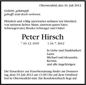 Traueranzeige von Peter Hirsch von Marbacher Zeitung