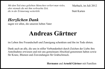 Traueranzeige von Andreas Gärtner von Marbacher Zeitung