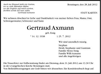 Traueranzeige von Gertraud Axmann von Marbacher Zeitung