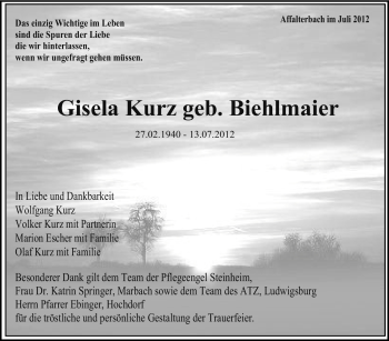 Traueranzeige von Gisela Kurz von Marbacher Zeitung