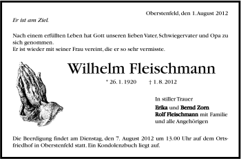 Traueranzeige von Wilhelm Fleischmann von Marbacher Zeitung