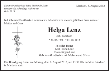 Traueranzeige von Helga
 Lenz von Marbacher Zeitung