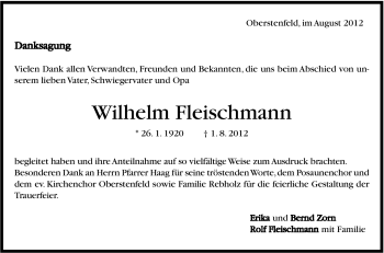 Traueranzeige von Wilhelm Fleischmann von Marbacher Zeitung