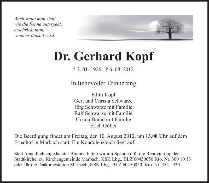  Traueranzeige für Gerhard Kopf vom 07.08.2012 aus Marbacher Zeitung