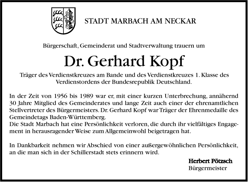  Traueranzeige für Gerhard Kopf vom 08.08.2012 aus Marbacher Zeitung
