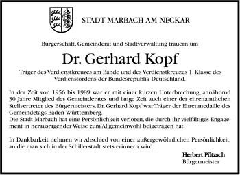 Traueranzeige von Gerhard Kopf von Marbacher Zeitung