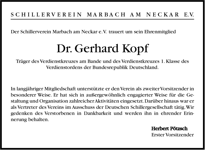  Traueranzeige für Gerhard Kopf vom 08.08.2012 aus Marbacher Zeitung