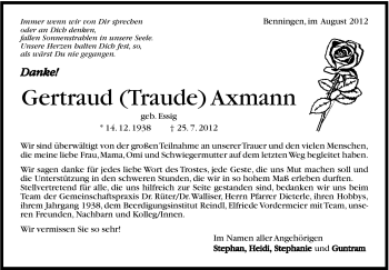 Traueranzeige von Gertraud Axmann von Marbacher Zeitung