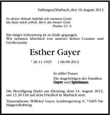 Traueranzeige von Esther Gayer von Marbacher Zeitung