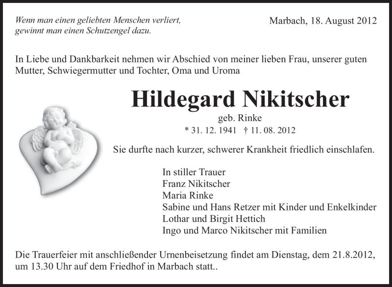  Traueranzeige für Hildegard Nikitscher vom 18.08.2012 aus Marbacher Zeitung