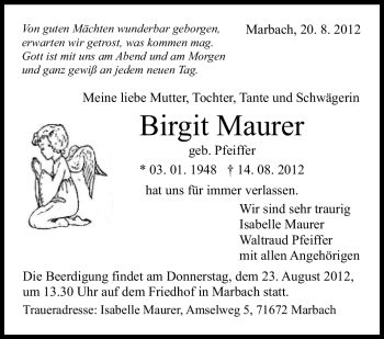 Traueranzeige von Birgit Maurer von Marbacher Zeitung