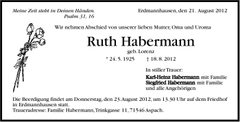 Traueranzeige von Ruth Habermann von Marbacher Zeitung