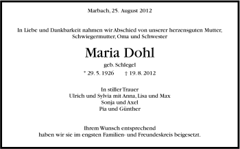 Traueranzeige von Maria Dohl von Marbacher Zeitung
