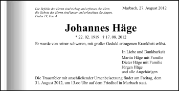 Traueranzeige von Johannes Häge von Marbacher Zeitung