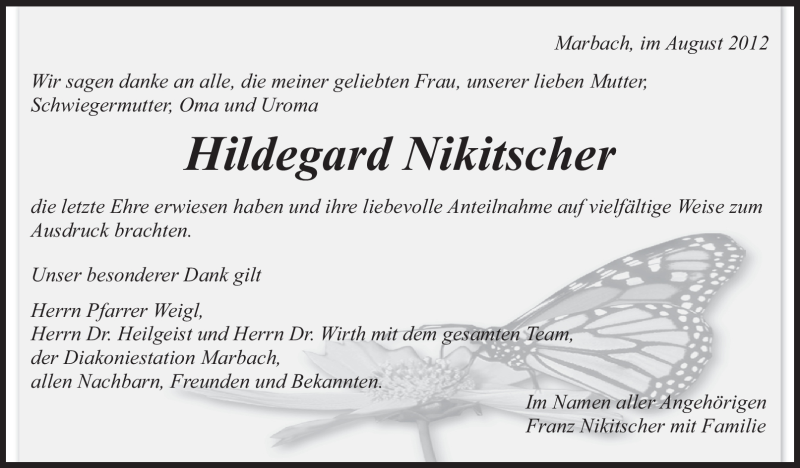  Traueranzeige für Hildegard Nikitscher vom 28.08.2012 aus Marbacher Zeitung