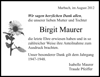Traueranzeige von Birgit Maurer von Marbacher Zeitung