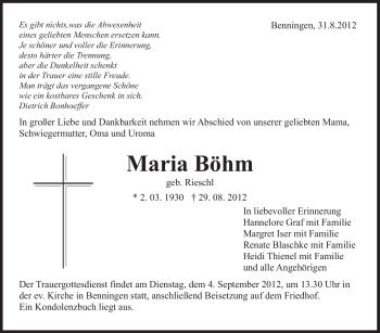 Traueranzeige von Maria Böhm von Marbacher Zeitung
