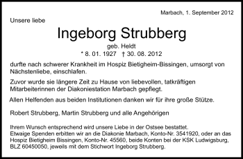 Traueranzeige von Ingeborg Strubberg von Marbacher Zeitung