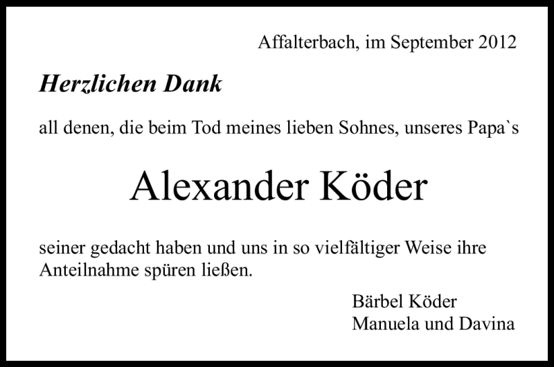  Traueranzeige für Alexander Köder vom 05.09.2012 aus Marbacher Zeitung