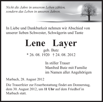 Traueranzeige von Lene Layer von Marbacher Zeitung