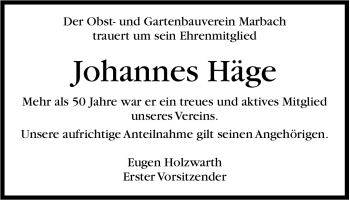 Traueranzeige von Johannes Häge von Marbacher Zeitung