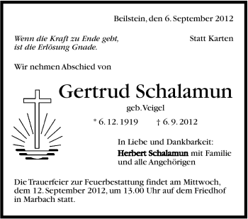 Traueranzeige von Gertrud Schalamun von Marbacher Zeitung