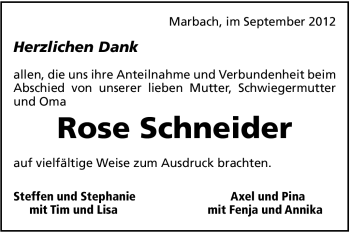Traueranzeige von Rose Schneider von Marbacher Zeitung