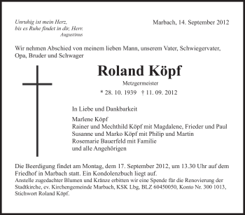 Traueranzeige von Roland Köpf von Marbacher Zeitung