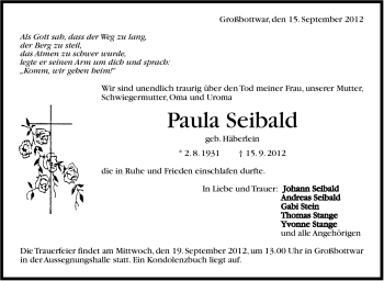 Traueranzeige von Paula Seibald von Marbacher Zeitung