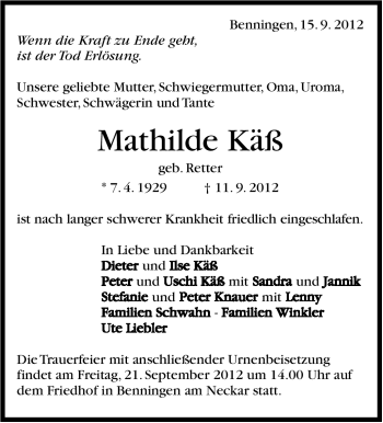 Traueranzeige von Mathilde Käss von Marbacher Zeitung