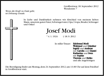 Traueranzeige von Josef Modi von Marbacher Zeitung