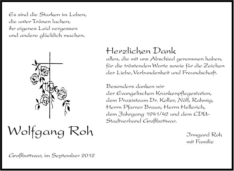  Traueranzeige für Wolfgang Roh vom 22.09.2012 aus Marbacher Zeitung