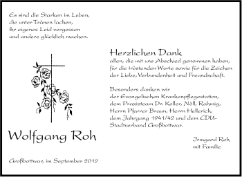 Traueranzeige von Wolfgang Roh von Marbacher Zeitung