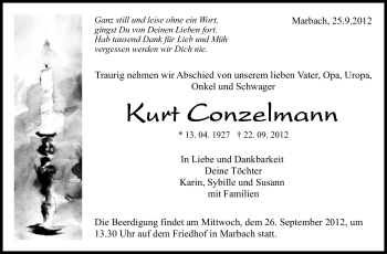 Traueranzeige von Kurt Conzelmann von Marbacher Zeitung