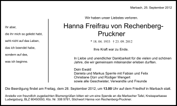 Traueranzeige von Hanna Rechenberg-Pruckner von Marbacher Zeitung
