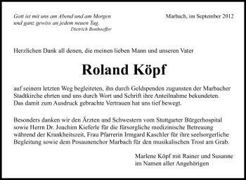 Traueranzeige von Roland Köpf von Marbacher Zeitung