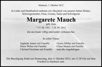 Traueranzeige von Margarete Mauch von Marbacher Zeitung